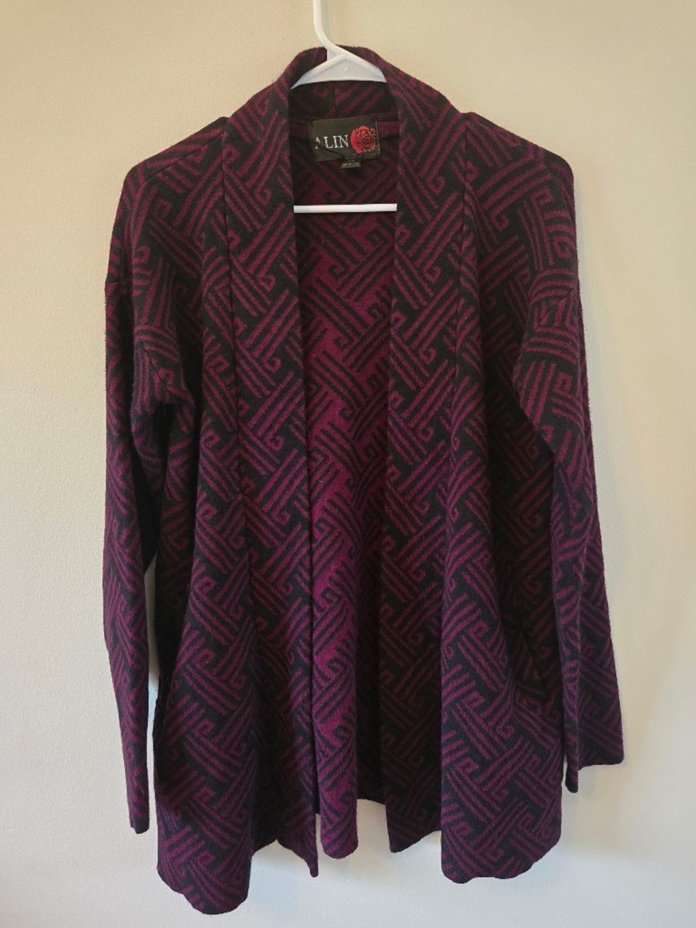 ALIN Plum & Black Geometric Open Front Knit Cardigan Sweater